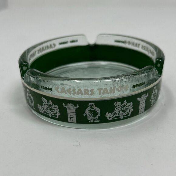 Vintage Other - Vtg Caesars Tahoe Casino Ashtray Clear Green Greek Character Images Lake Nevada